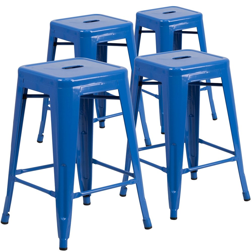 4 Pk. 24'' High Backless Blue Metal Indoor-Outdoor Counter Height Stool. Picture 1