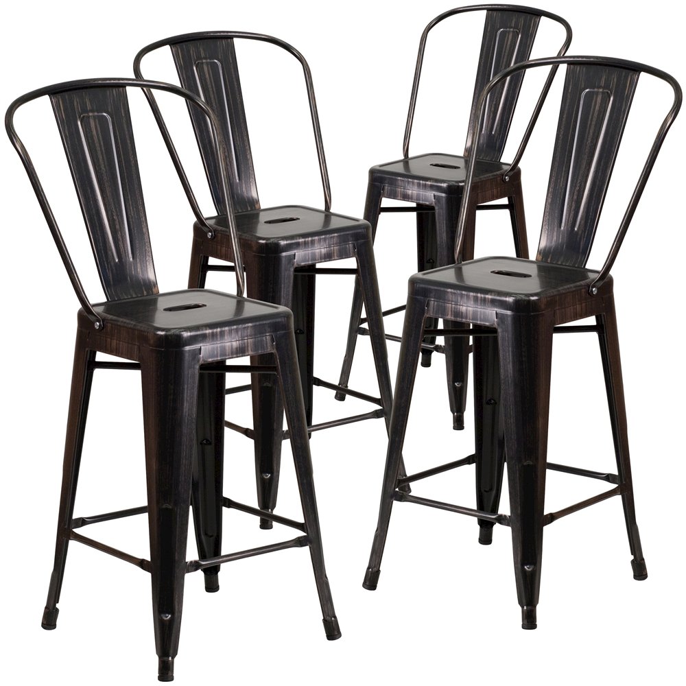 4 Pk. 24'' High Black-Antique Gold Metal Counter Height Stool with Back. Picture 1