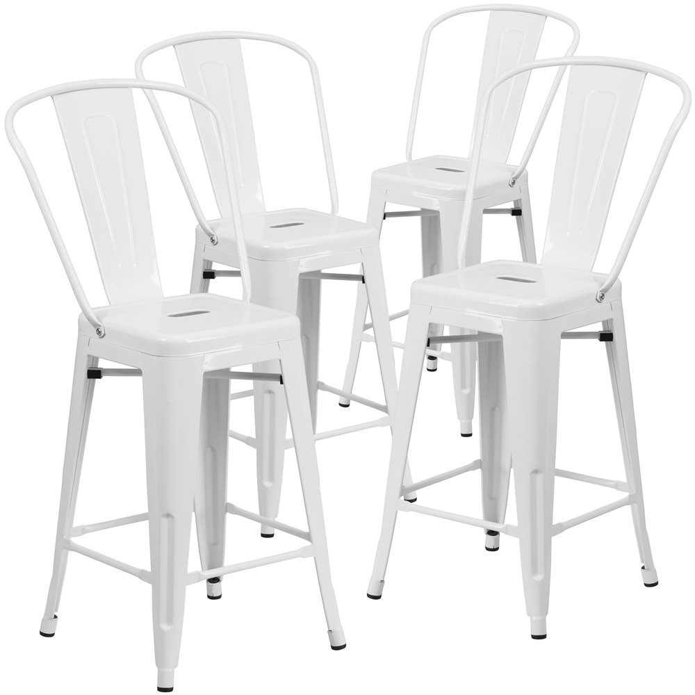 4 Pk. 24'' High White Metal Indoor-Outdoor Counter Height Stool with Back. Picture 1