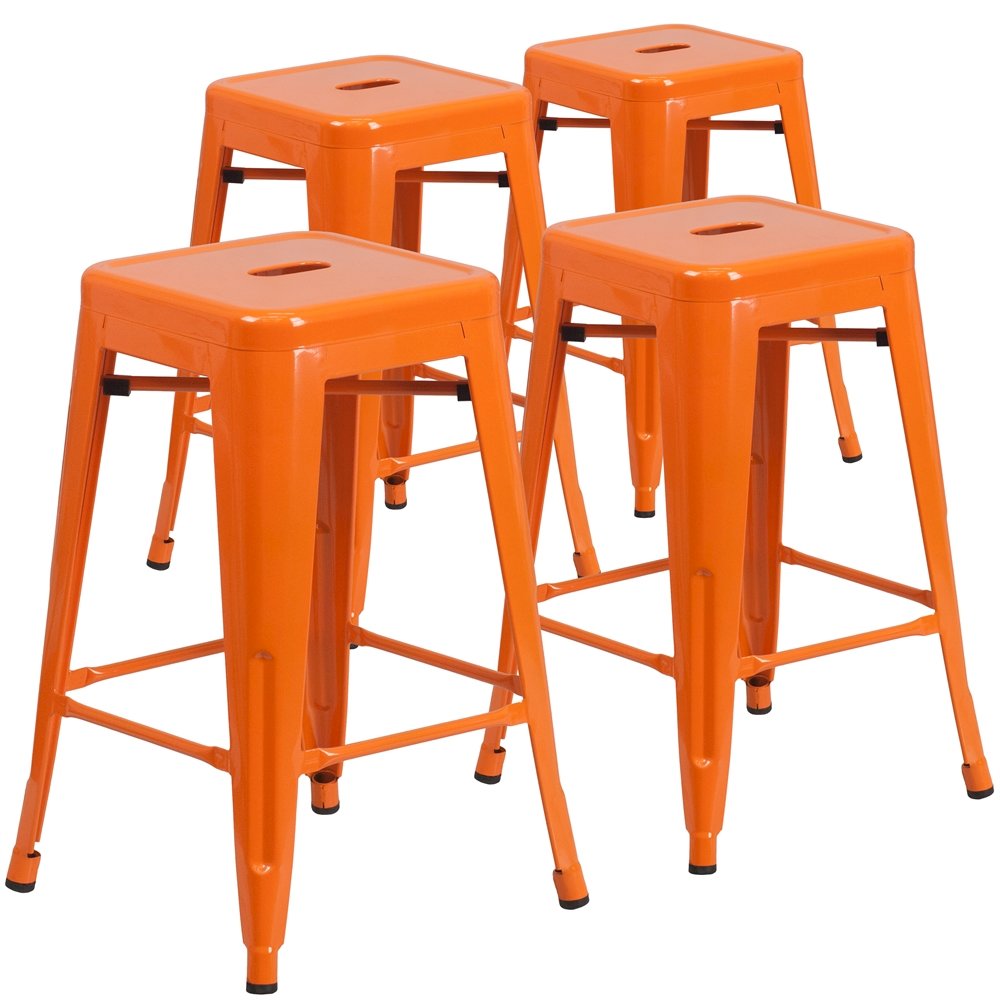 4 Pk. 24'' High Backless Orange Metal Indoor-Outdoor Counter Height Stool. Picture 1