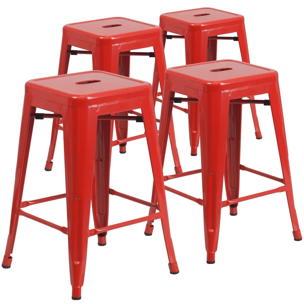 4 Pk. 24'' High Backless Red Metal Indoor-Outdoor Counter Height Stool. Picture 1