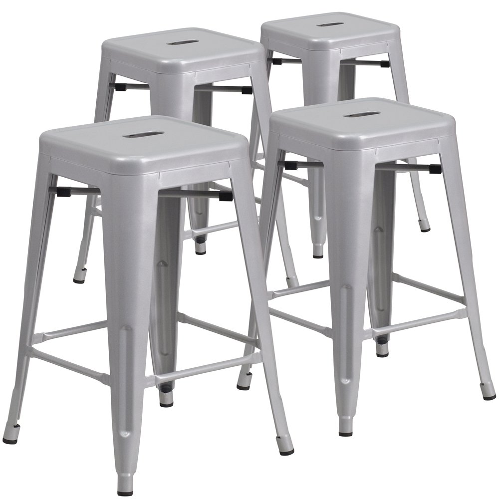 4 Pk. 24'' High Backless Silver Metal Indoor-Outdoor Counter Height Stool. Picture 1