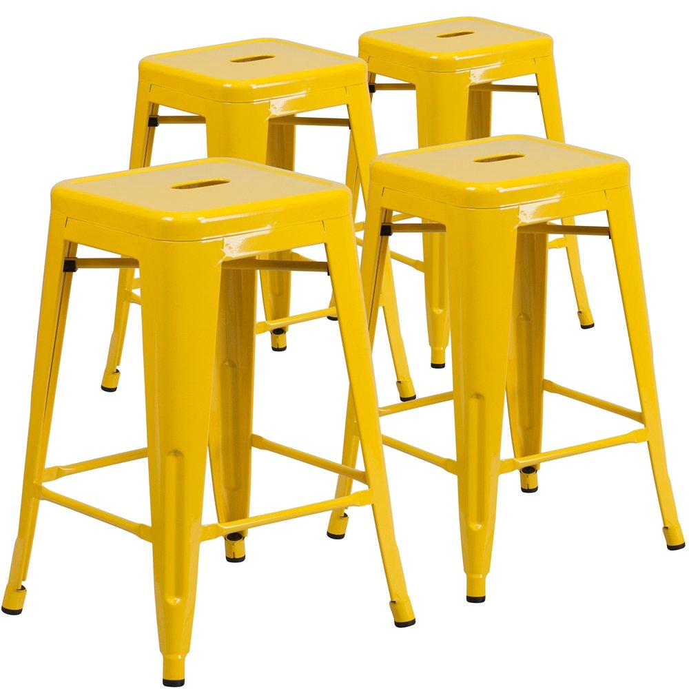 4 Pk. 24'' High Backless Yellow Metal Indoor-Outdoor Counter Height Stool. Picture 1