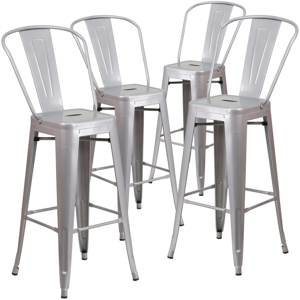 4 Pk. 30'' High Silver Metal Indoor-Outdoor Barstool with Back. Picture 1