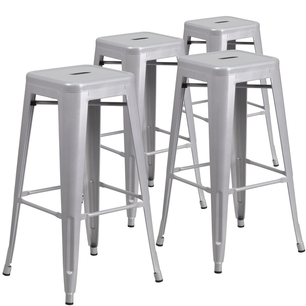 4 Pk. 30'' High Backless Silver Metal Indoor-Outdoor Barstool with Square Seat. Picture 1