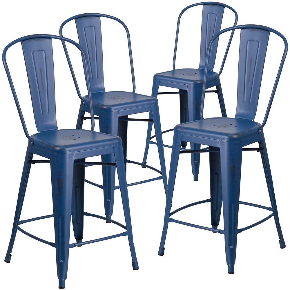 4 Pk. 24'' High Distressed Antique Blue Metal Counter Height Stool with Back. Picture 1