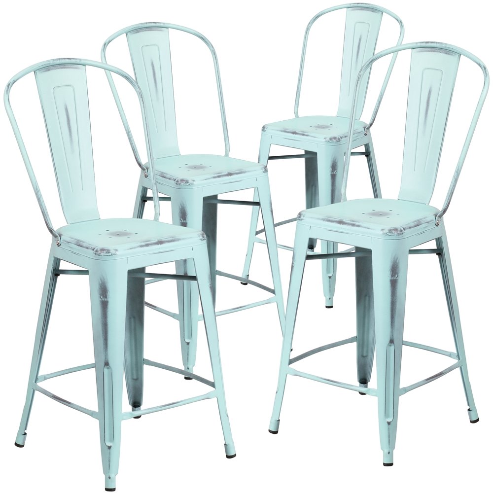 4 Pk. 24'' High Dream Blue Metal Indoor Counter Height Stool with Back. Picture 1