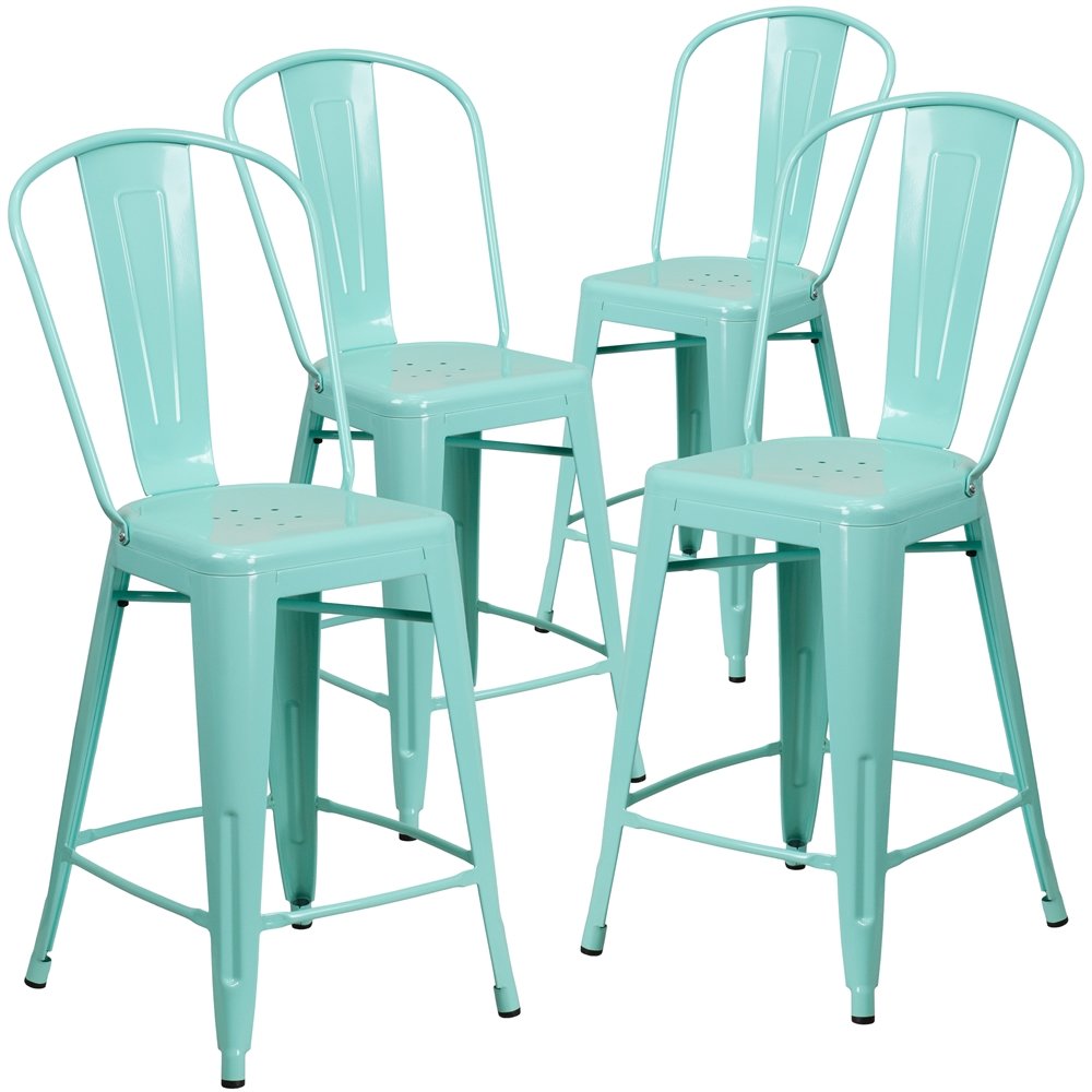 4 Pk. 24'' High Mint Green Metal Indoor-Outdoor Counter Height Stool with Back. Picture 1
