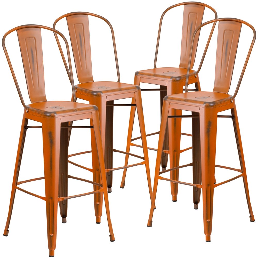 4 Pk. 30'' High Distressed Orange Metal Indoor Barstool with Back. Picture 1