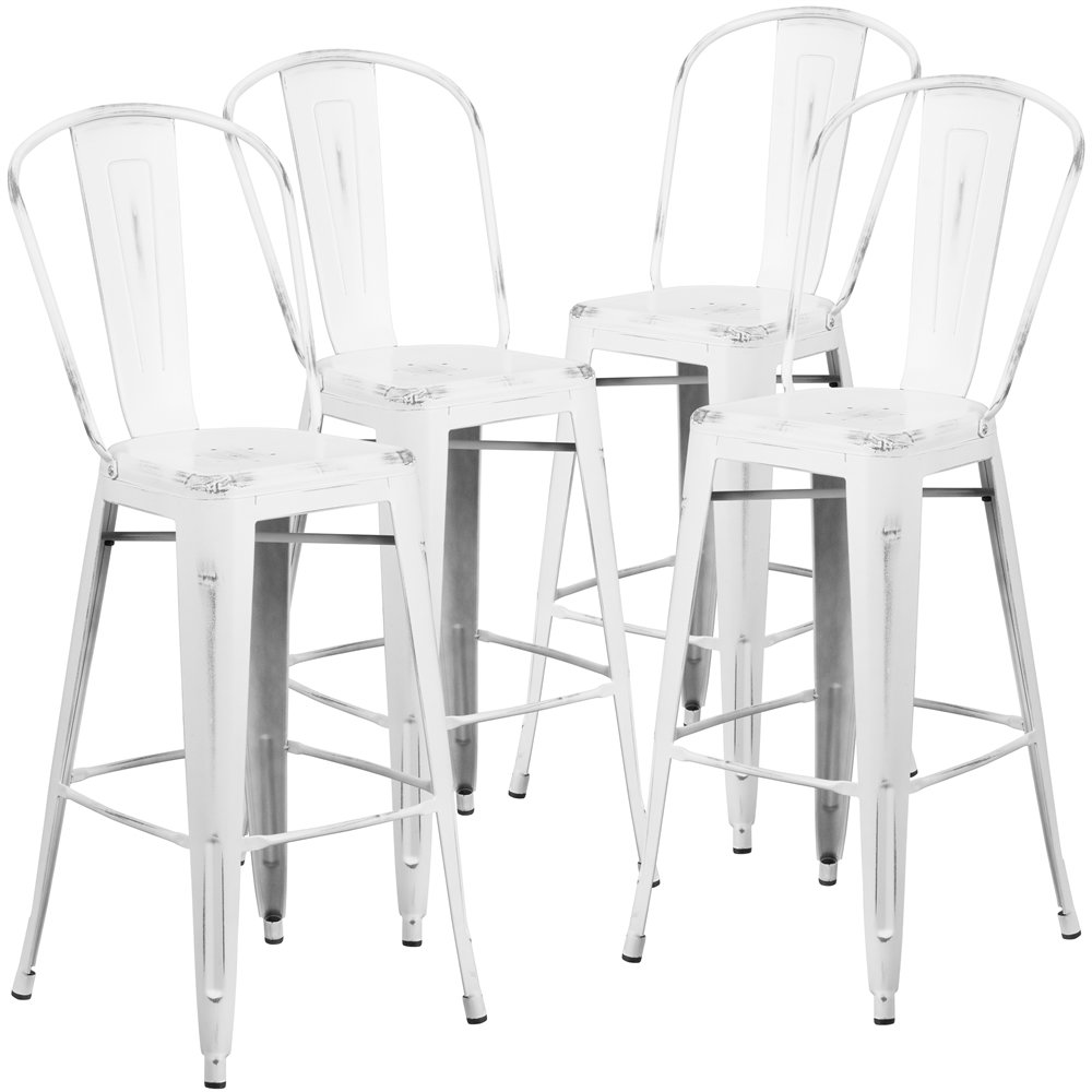 4 Pk. 30'' High Distressed White Metal Indoor Barstool with Back. Picture 1