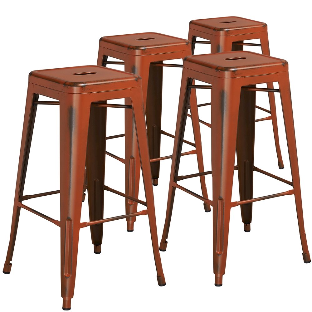 4 Pk. 30'' High Backless Distressed Orange Metal Indoor Barstool. Picture 1