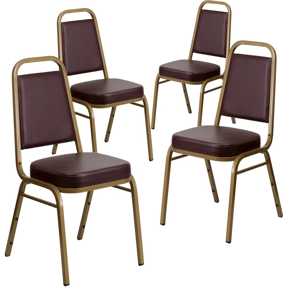 4 Pk. Stacking Chair with Brown Vinyl and 2.5'' Thick Seat - Gold Frame. Picture 1