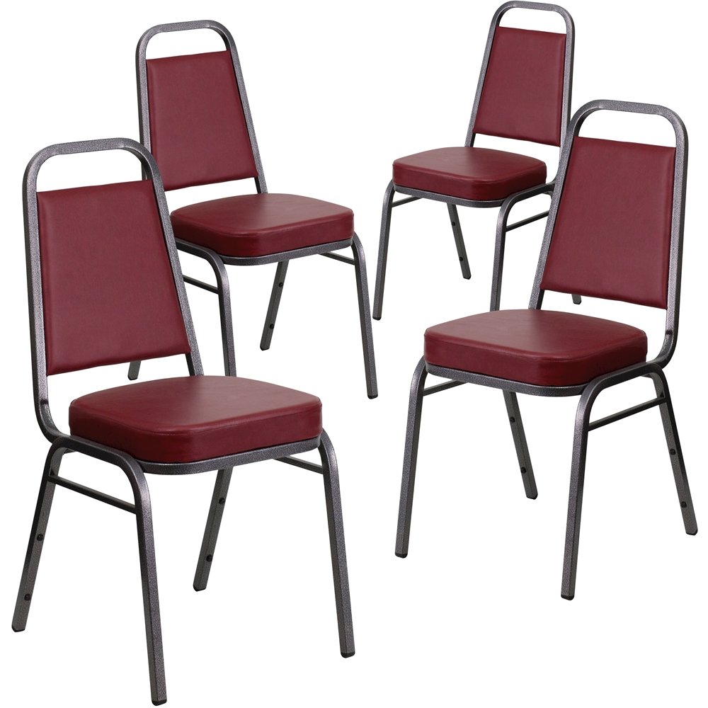 4 Pk Stacking Chair with Burgundy Vinyl and 2.5'' Thick Seat - Silver Vein Frame. Picture 1