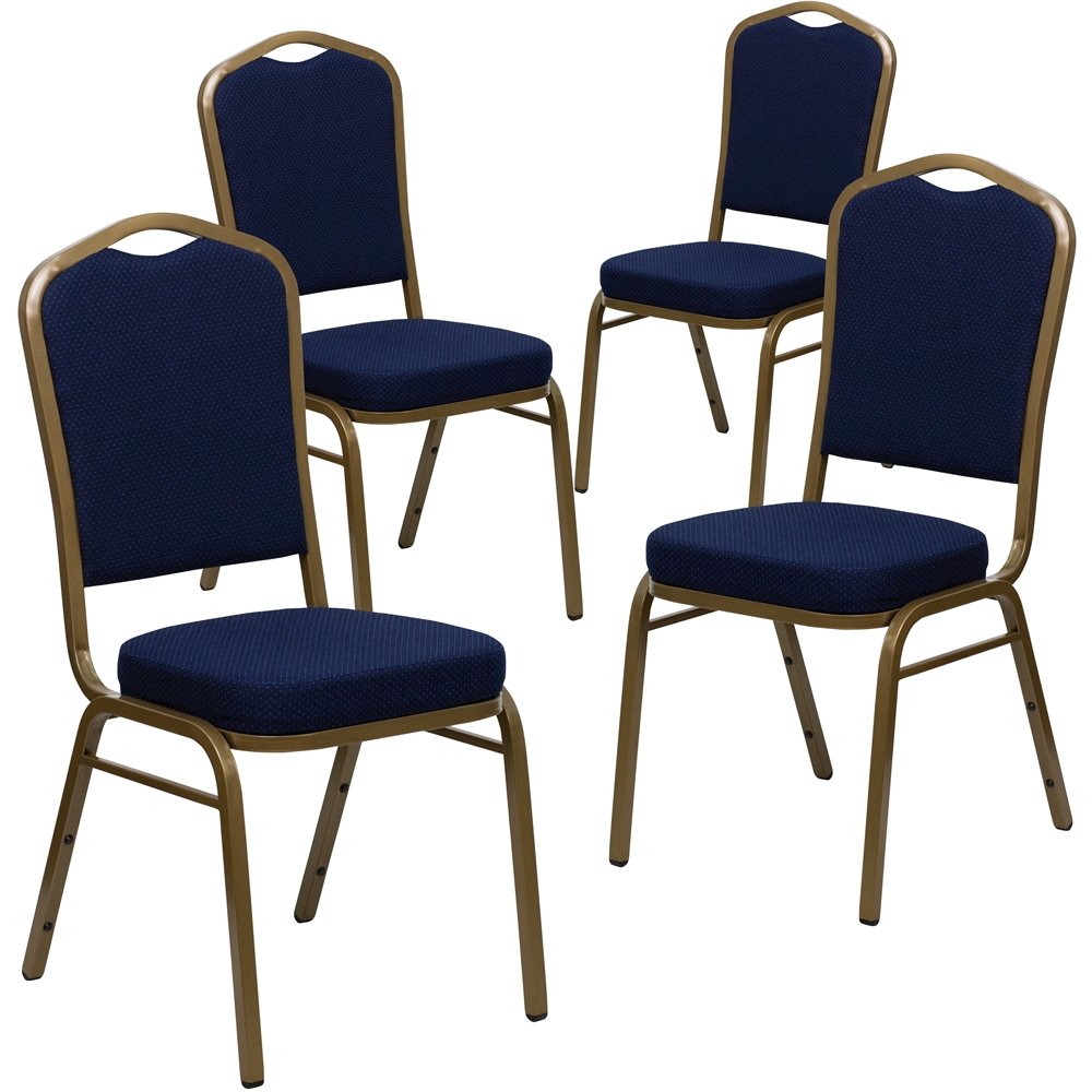 4 Pk. Stacking Chair with Navy Blue Patterned Fabric - Gold Frame. Picture 1