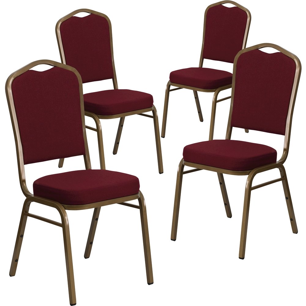 4 Pk. Stacking Chair with Burgundy Fabric and 2.5'' Thick Seat - Gold Frame. Picture 1