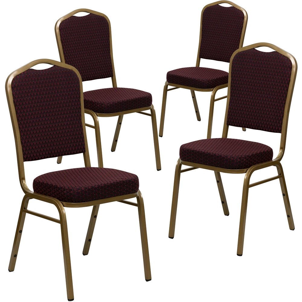 4 Pk. Stacking Chair with Burgundy Patterned Fabric - Gold Frame. Picture 1