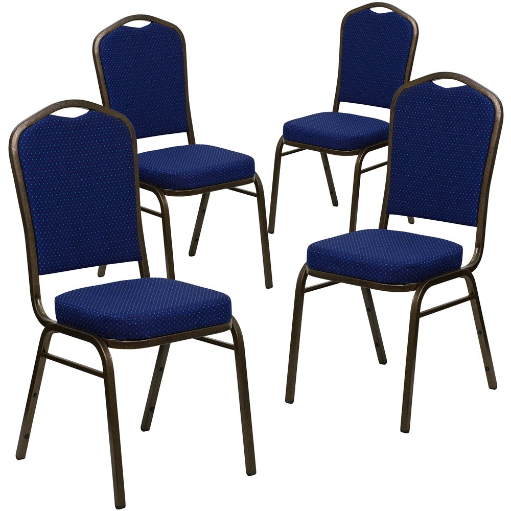 4 Pk. Stacking Chair with Navy Blue Patterned Fabric - Gold Vein Frame. Picture 1