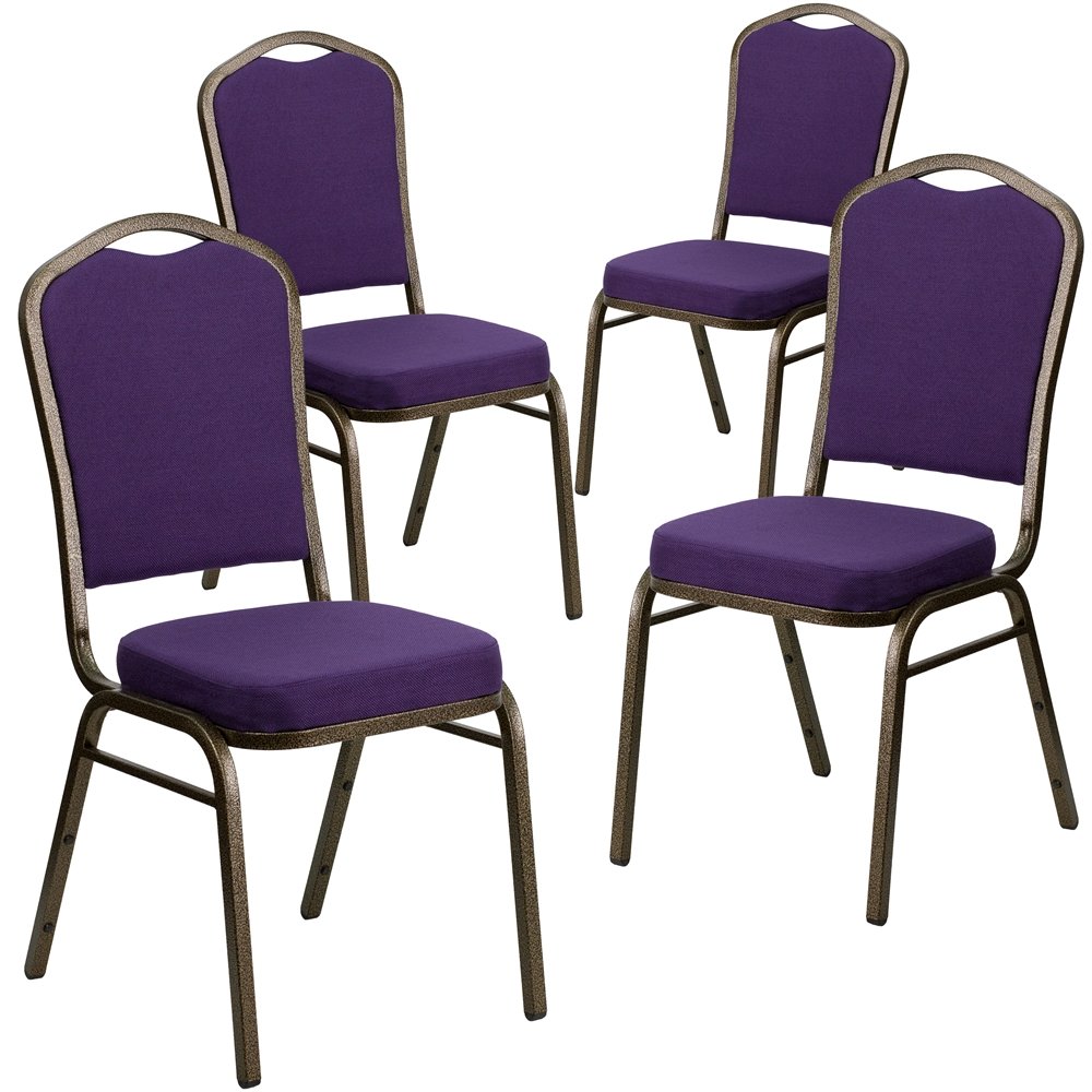 4 Pk. Stacking Chair with Purple Fabric and 2.5'' Thick Seat - Gold Vein Frame. Picture 1