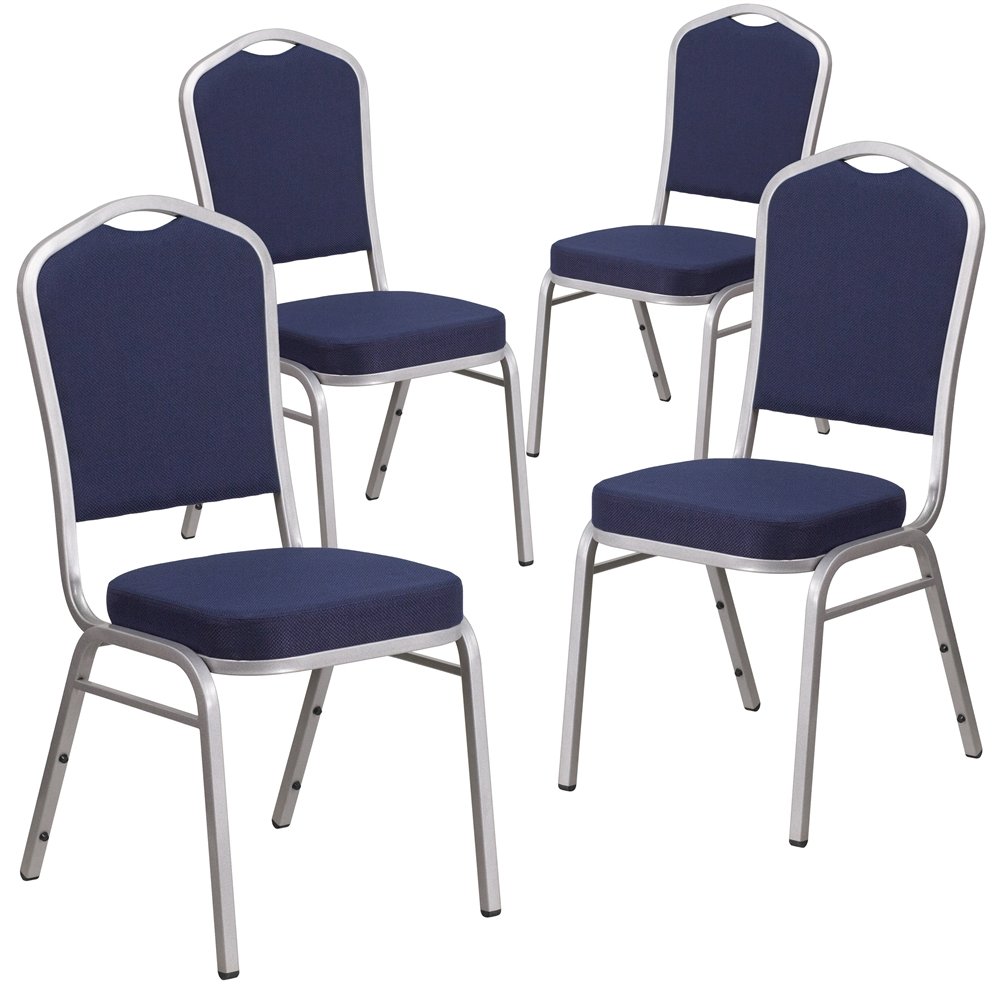 4 Pk. Crown Back Stacking Chair with Navy Fabric - Silver Frame. Picture 1