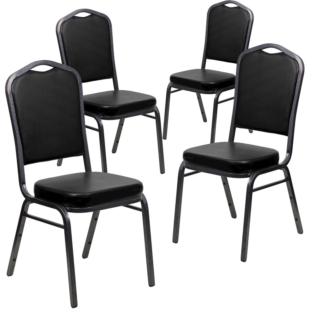 4 Pk. Stacking Chair with Black Vinyl and 2.5'' Thick Seat - Silver Vein Frame. Picture 1