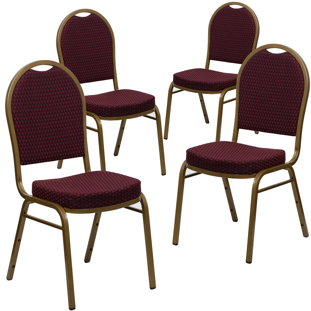 4 Pk. Dome Back Stacking Chair with Burgundy Patterned Fabric - Gold Frame. Picture 1
