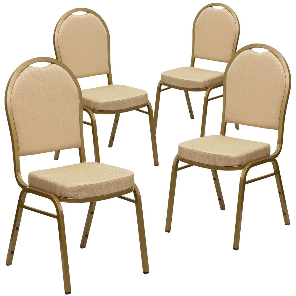4 Pk. Dome Back Stacking Chair with Beige Patterned Fabric - Gold Frame. Picture 1