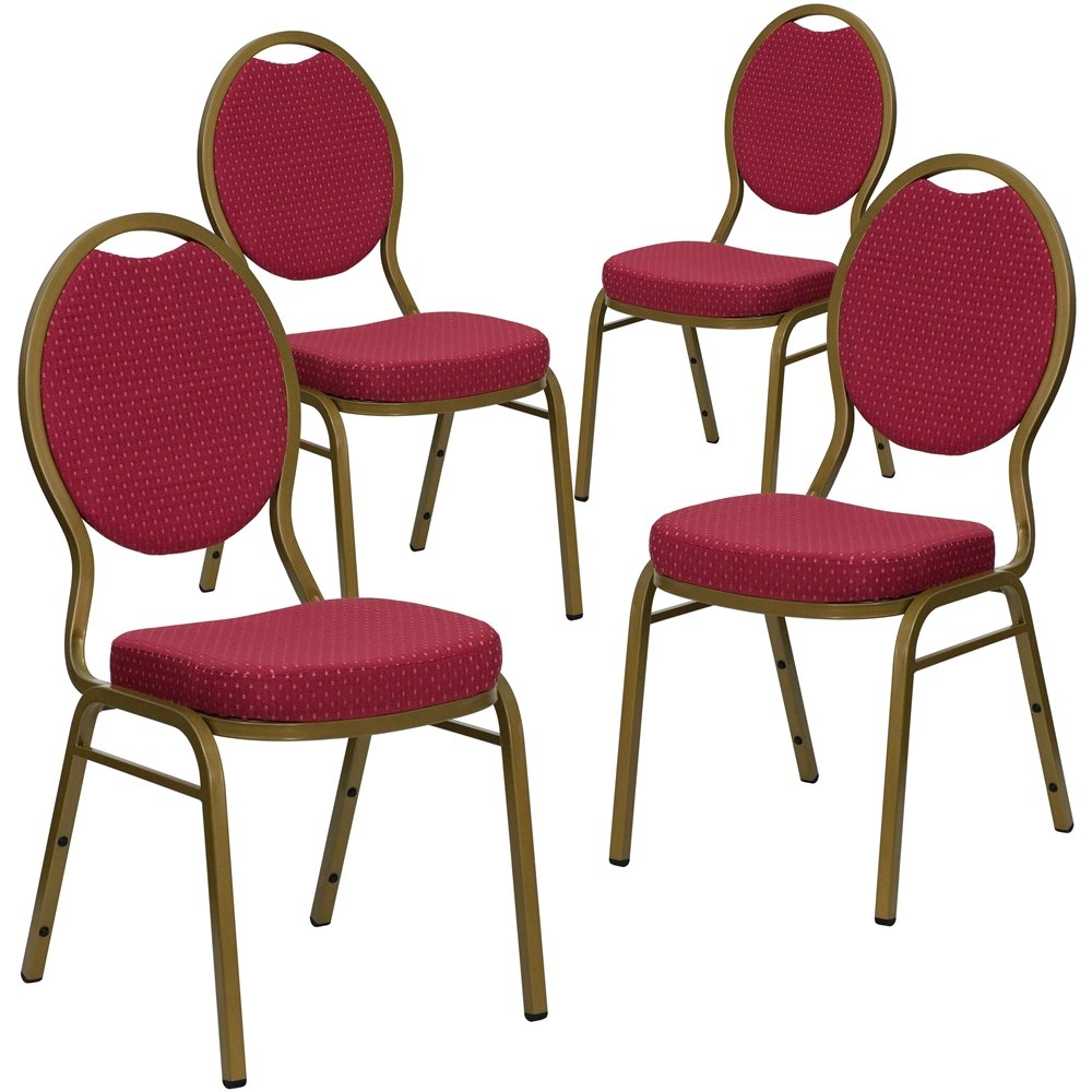 4 Pk. Teardrop Back Stacking Chair with Burgundy Patterned Fabric - Gold Frame. Picture 1