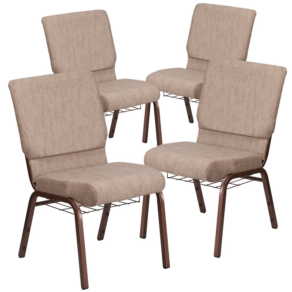 4 Pk. 18.5''W Beige Fabric Church Chair, Book Rack - Copper Vein Frame. Picture 1