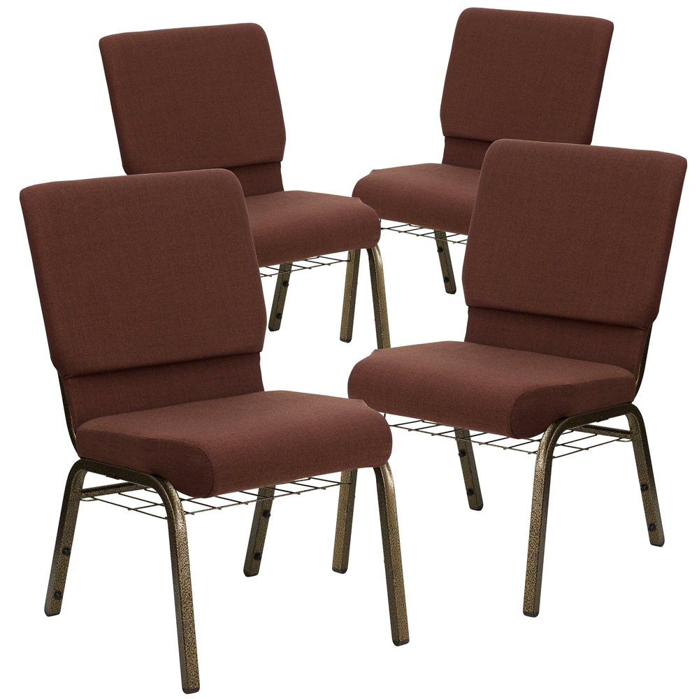 4 Pk. 18.5''W Brown Fabric Church Chair, Cup Book Rack - Gold Vein Frame. Picture 1