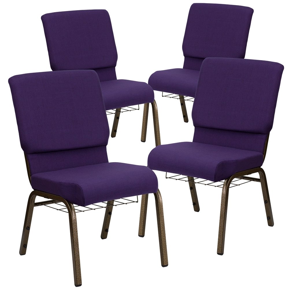 4 Pk. 18.5''W Royal Purple Fabric Church Chair, Cup Book Rack - Gold Vein Frame. Picture 1