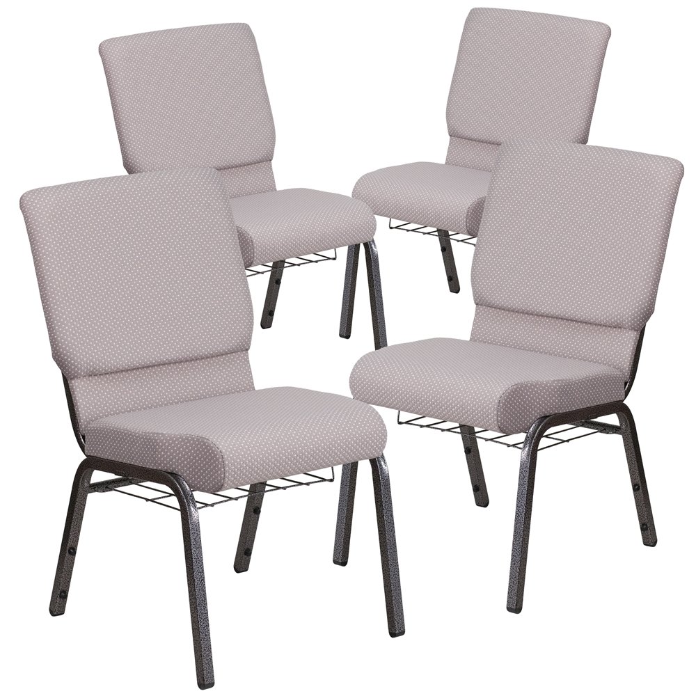 4 Pk. 18.5''W Gray Dot Fabric Church Chair, Book Rack - Silver Vein Frame. Picture 1