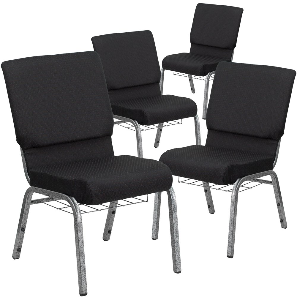 4 Pk. 18.5''W Black Fabric Church Chair, Cup Book Rack - Silver Vein Frame. Picture 1