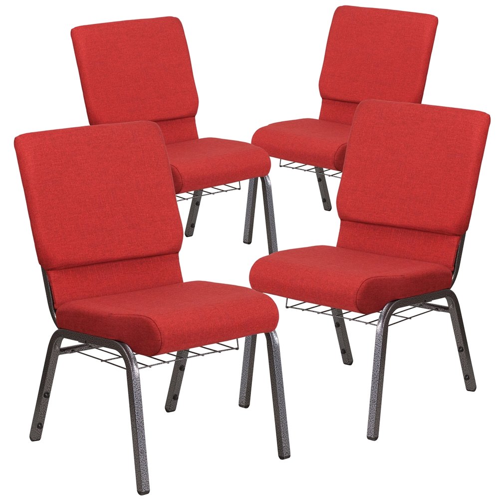 4 Pk. 18.5''W Red Fabric Church Chair, Cup Book Rack - Silver Vein Frame. Picture 1