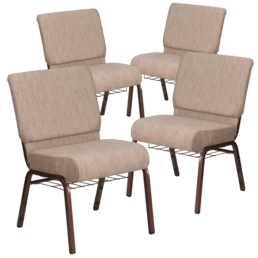 4 Pk. 21'' Wide Beige Fabric Church Chair, Book Rack - Copper Vein Frame. Picture 1