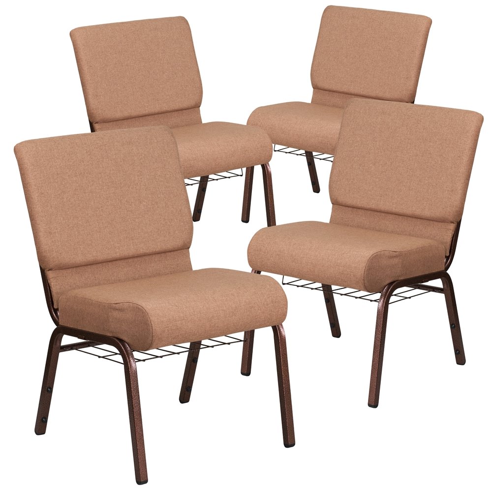 4 Pk. 21'' Wide Brown Fabric Church Chair, Cup Book Rack - Copper Vein Frame. Picture 1