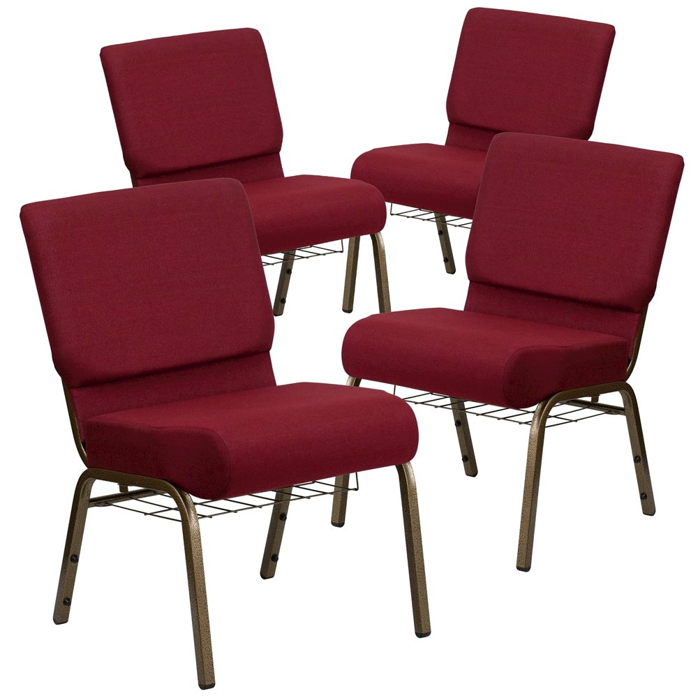 4 Pk. 21'' Wide Burgundy Fabric Church Chair, Cup Book Rack - Gold Vein Frame. Picture 1