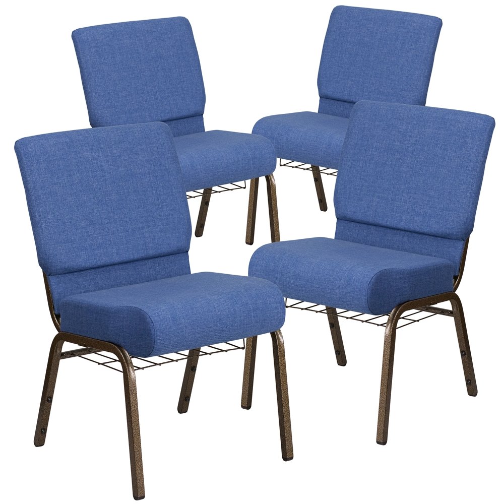 4 Pk. 21'' Wide Blue Fabric Church Chair, Cup Book Rack - Gold Vein Frame. Picture 1