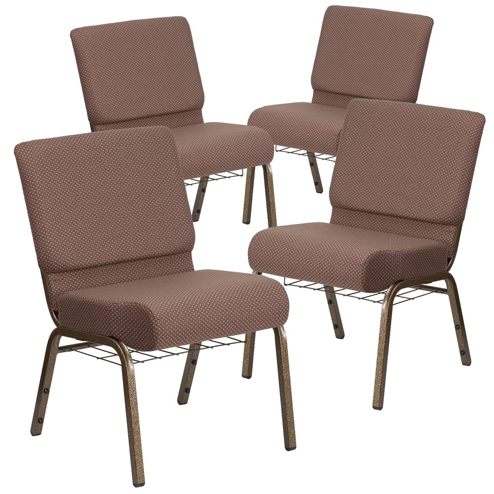 4 Pk. 21'' Wide Brown Dot Fabric Church Chair, Book Rack - Gold Vein Frame. Picture 1