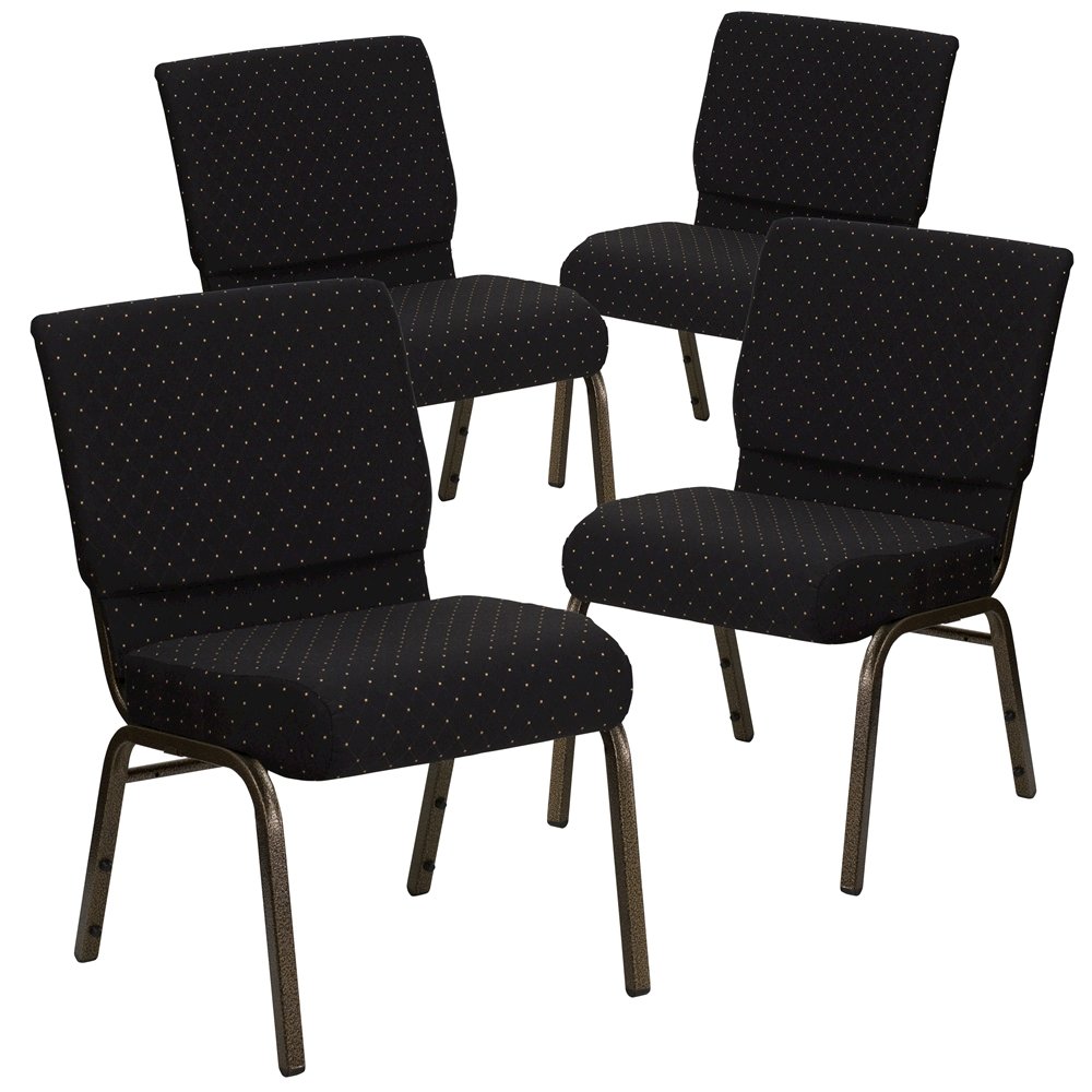 4 Pk. 21'' Black Dot Patterned Fabric Stacking Church Chair - Gold Vein Frame. Picture 1