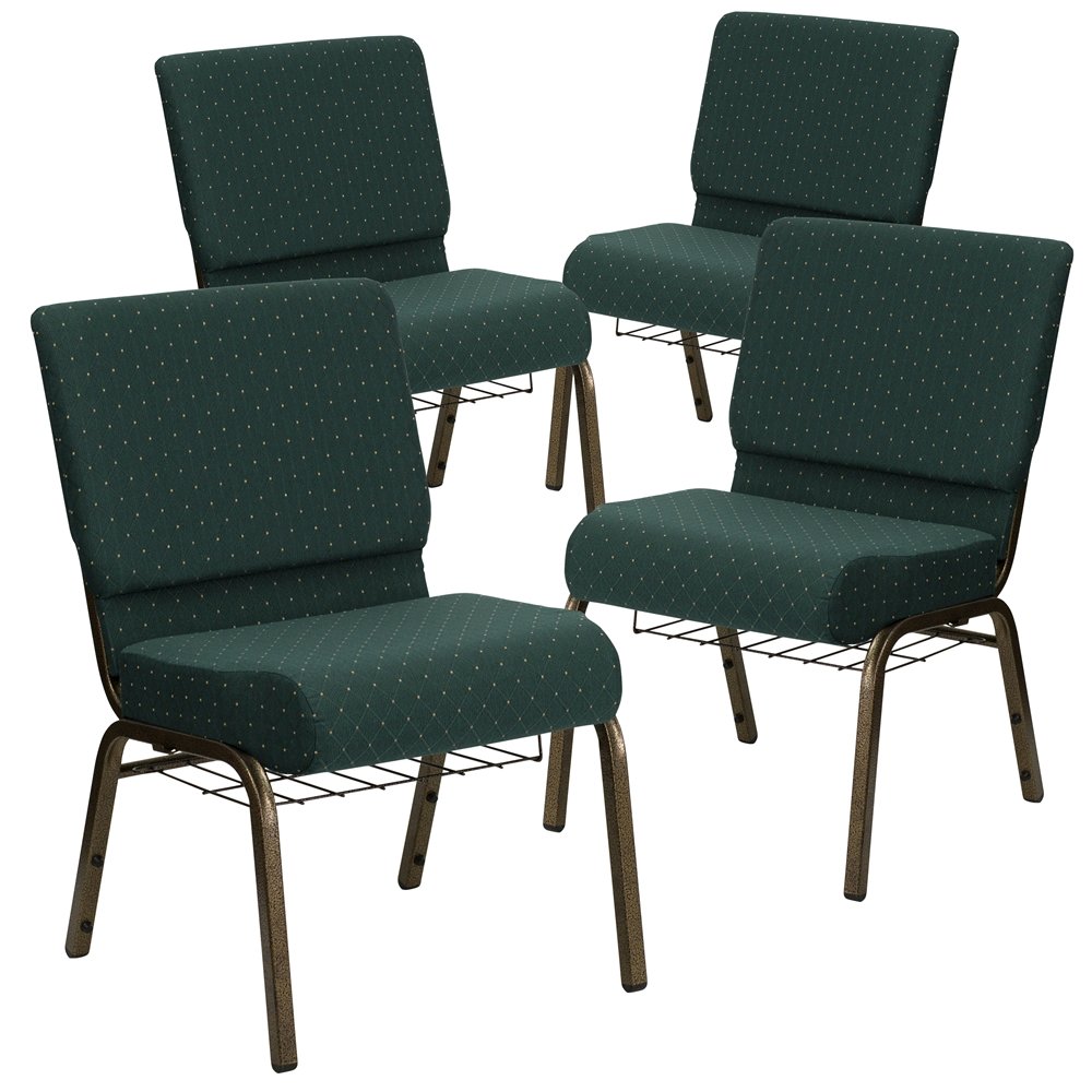 4 Pk. 21'' Hunter Green Dot Fabric Church Chair, Cup Book Rack - Gold Frame. Picture 1