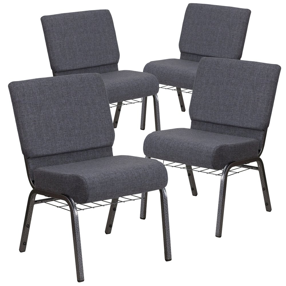 4 Pk. 21'' Wide Dark Gray Fabric Church Chair, Book Rack - Silver Vein Frame. Picture 1