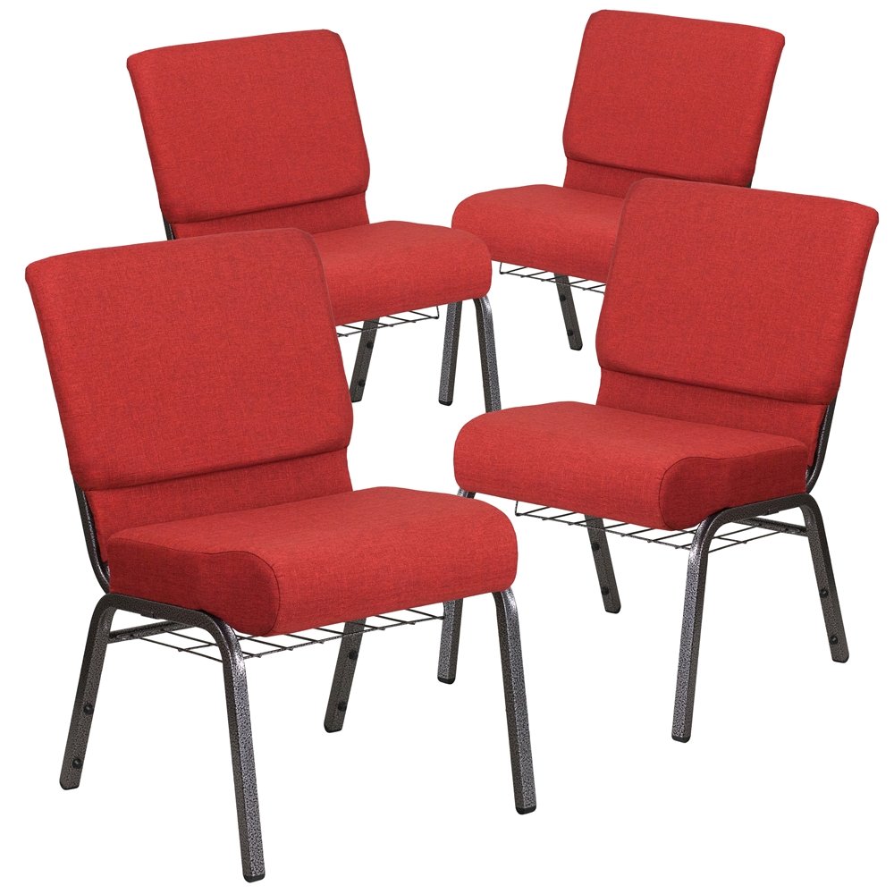 4 Pk. 21'' Wide Crimson Fabric Church Chair, Cup Book Rack - Silver Vein Frame. Picture 1
