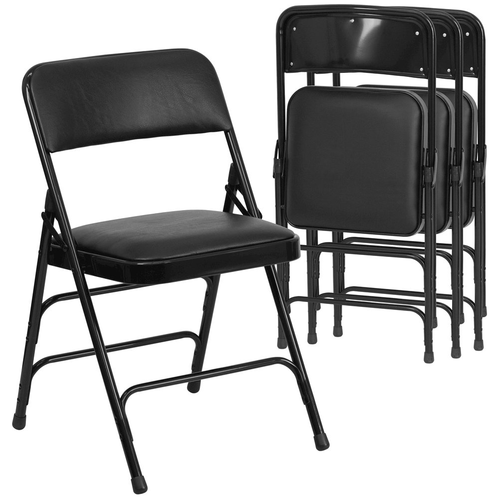 4 Pk. Curved Triple Braced & Double Hinged Black Vinyl Metal Folding Chair. Picture 1