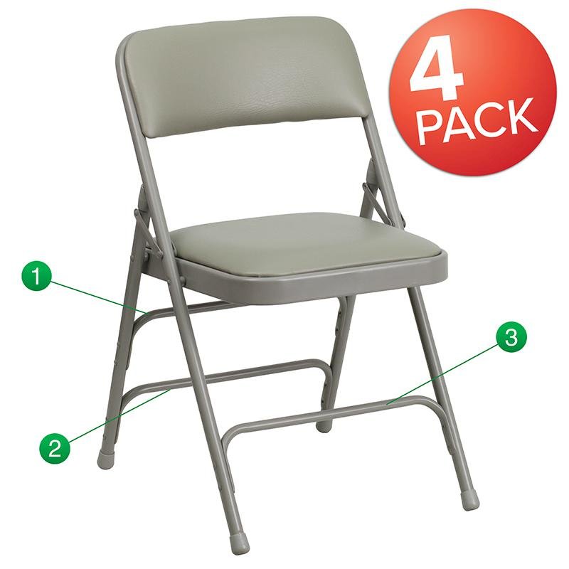 4 Pk. Curved Triple Braced & Double Hinged Gray Vinyl Metal Folding Chair. Picture 1