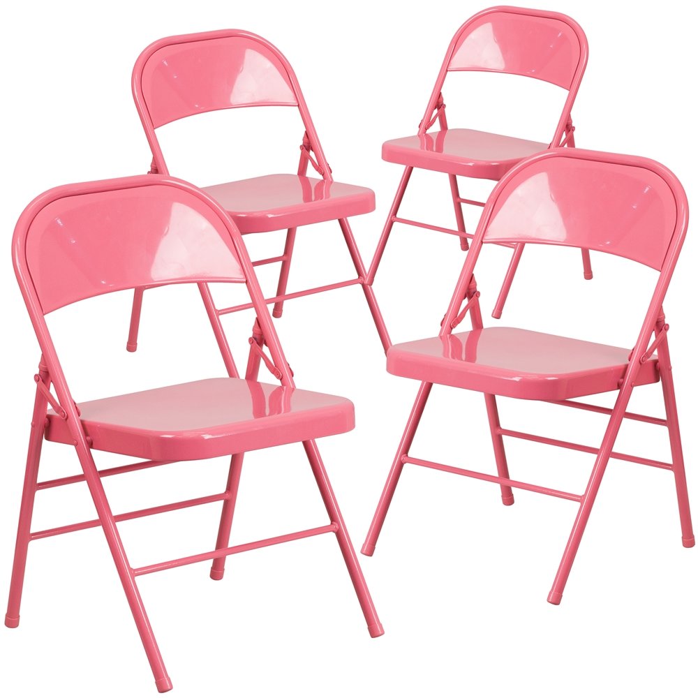 4 Pk. Bubblegum Pink Triple Braced & Double Hinged Metal Folding Chair. Picture 1
