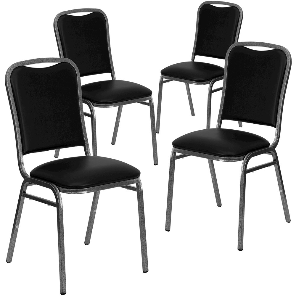 4 Pk. Stacking Chair with Black Vinyl and 1.5'' Thick Seat - Silver Vein Frame. Picture 1