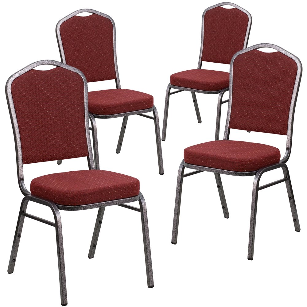 4 Pk. Stacking Chair with Burgundy Patterned Fabric - Silver Vein Frame. Picture 1