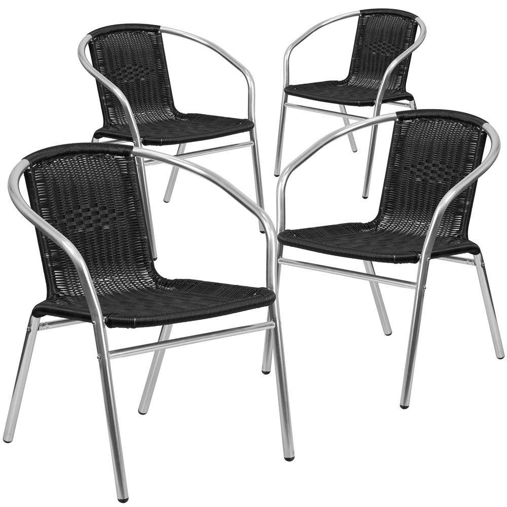 4 Pk. Aluminum and Black Rattan Commercial Indoor-Outdoor Restaurant Stack Chair. Picture 1