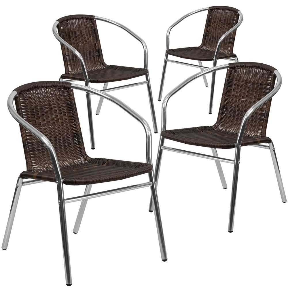 4 Pk. Aluminum and Dark Brown Rattan Commercial Indoor-Outdoor Stack Chair. Picture 1