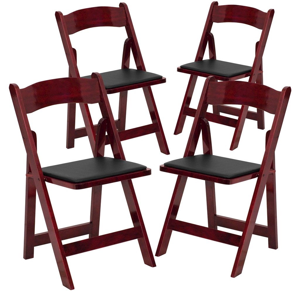 4 Pk. HERCULES Series Mahogany Wood Folding Chair with Vinyl Padded Seat. Picture 1